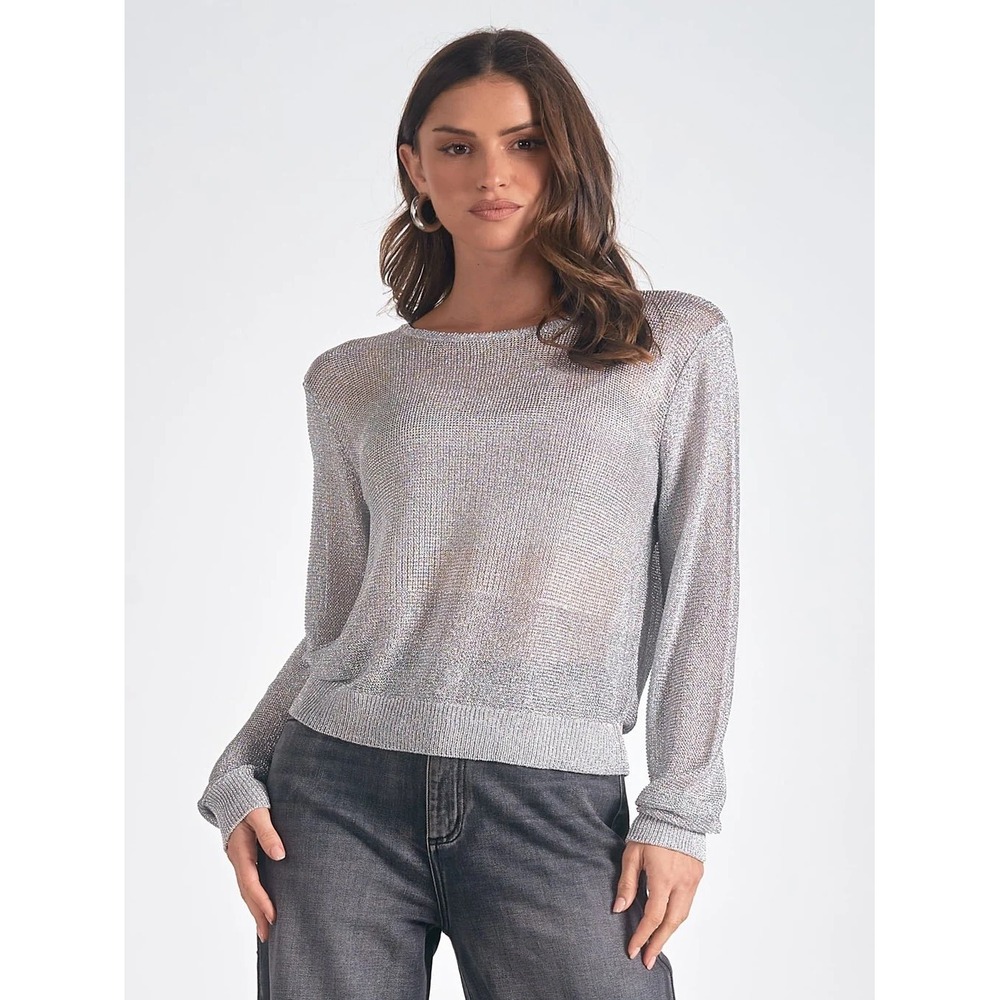 Elan Silver Metallic Open Knit Sheer Sweater SWM11337 Women's Coquette girl Moto
